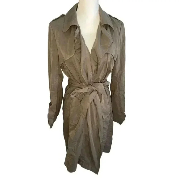 New York & Company Women’s Small Green‎ Silky Tie Closure Long Jacket - Picture 1 of 4